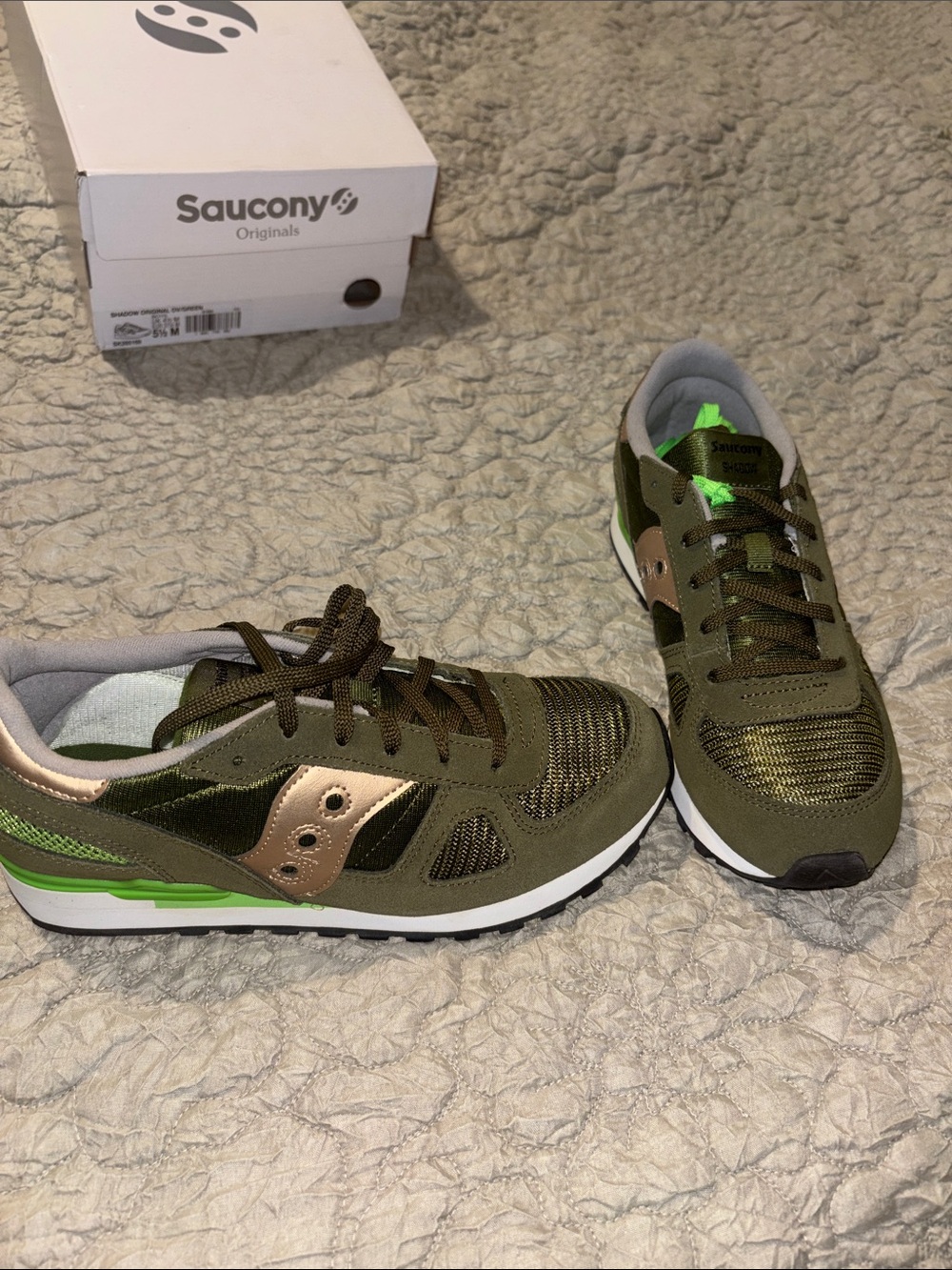 Saucony Kids Olive Green Sneakers with Rose Gold Accents